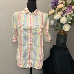 American Eagle Pastel Plaid Button Down Shirt Roll Tab Sleeves XL